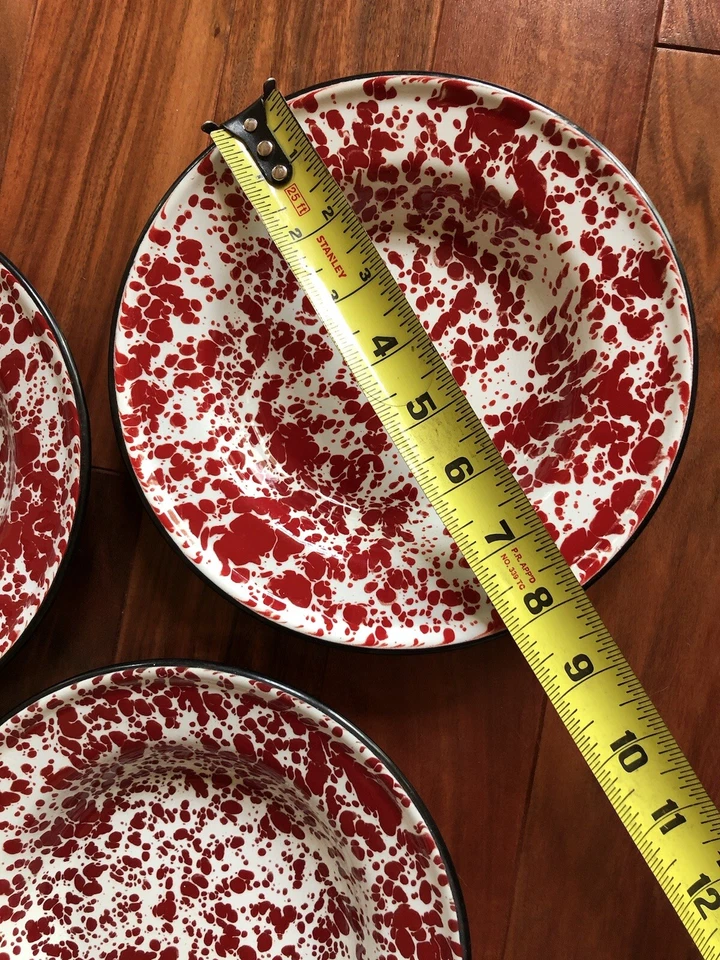 3 Vintage Red Splatter Enamel 8” Bowls - Image 2 of 4
