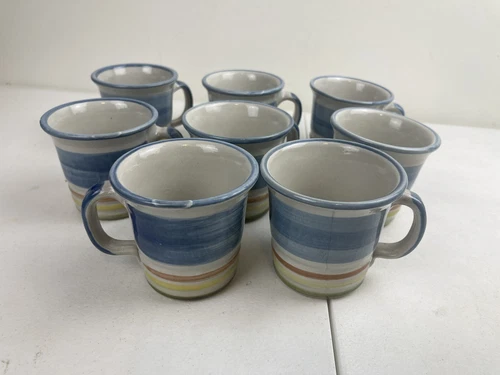 Louisville Stoneware 8 Mugs with Colorful Stripes Microwave Safe Kentucky Made