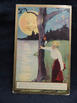 c1910 Fantasy Pretty Woman Man In the Moon Romance Postcard Impudent Fellow 