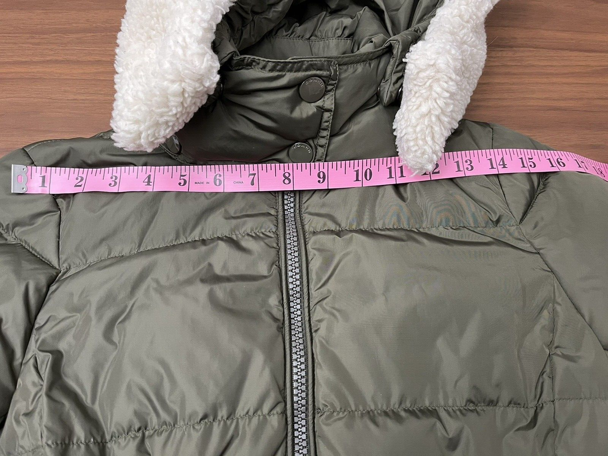 Coach Women Long Hooded Full Zip Puffer Down Coat Green with Faux