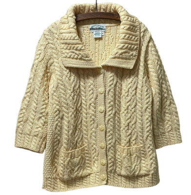 Aran Crafts Cardigan Sweater Medium Soft Yellow Merino Wool Knit Irish Fisherman