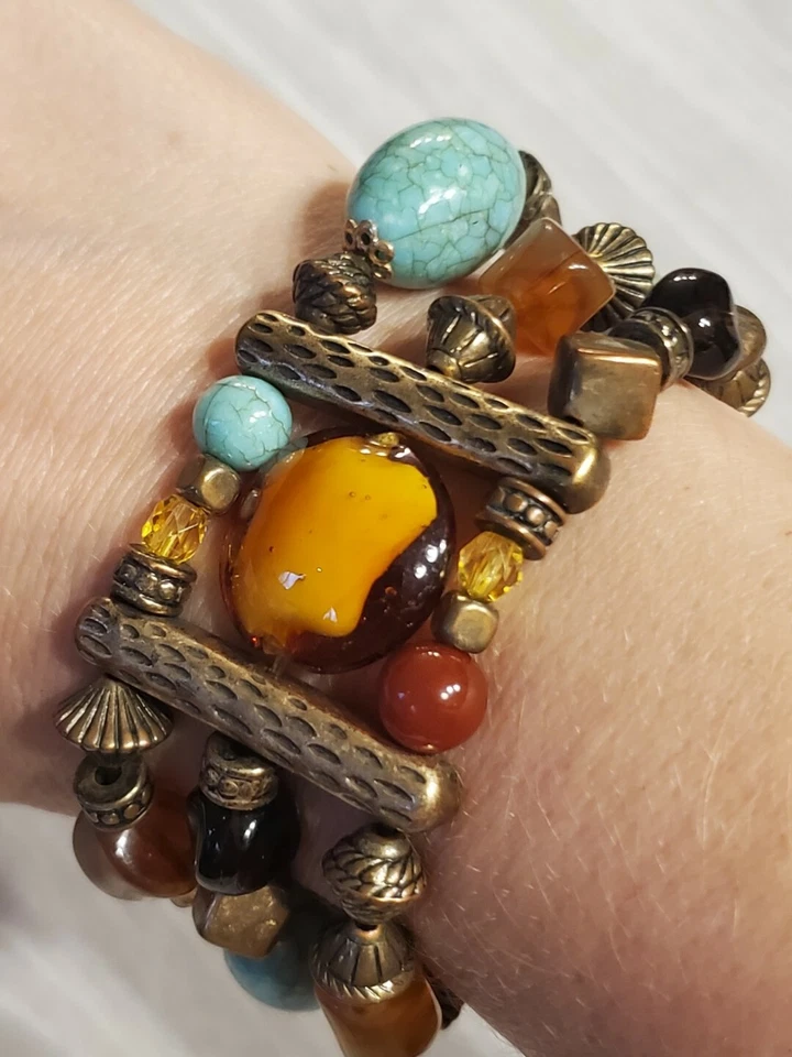 PREMIER DESIGNS Vintage Look Faux Turquoise Bronze Tone, Glass Beaded Bracelet B - Image 2 of 4