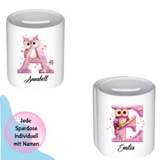 Bedruckte Spardose mit Eulen Motiv  Personalisiert mit Namen Geschenk-idee