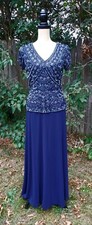 Pisarro Nights Navy Blue Silver Beaded Embellished Gown Dress Size 8 Beautiful