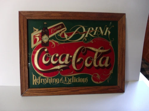 Vintage Coca Cola Sign Wood Frame Foil Reverse Painted 5 Cents Green Red Gold