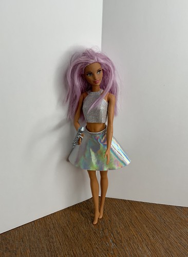 Barbie Pop Star Doll Dressed Shiny Skirt with Microphone Lavender Hair