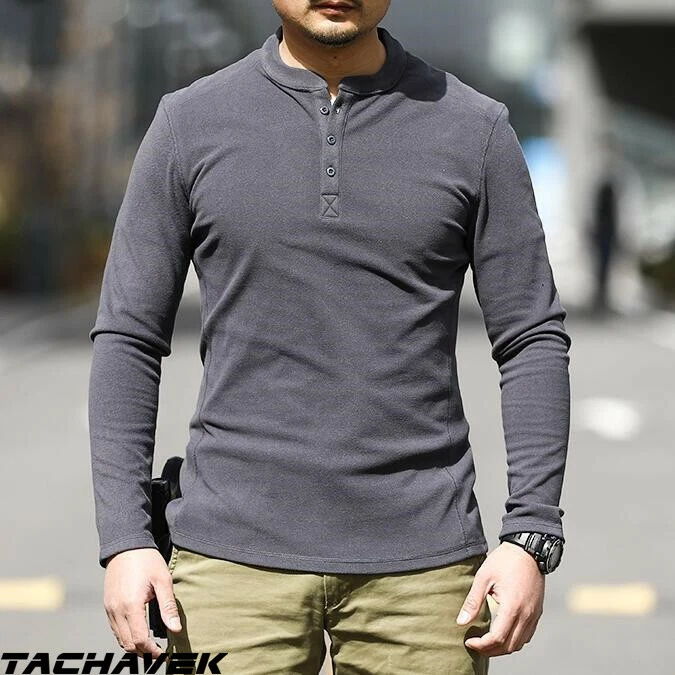 Men s Long Sleeve Shirt Henley Collar Outdoor Tactical Military