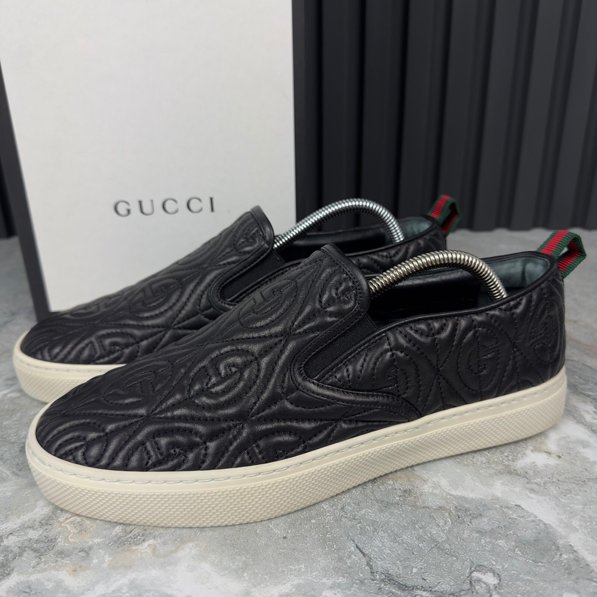Gucci Dublin Web Rhombus Slipon Sneakers Black Leather 7 G or 7.5
