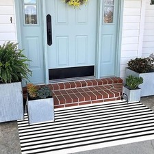 Black and White Striped Rug 24'' x 51'' Porch Machine Washable Indoor/Outdoor