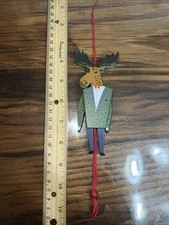 Wood Christmas Tree Ornament Articulating Pull String Moose Jumping