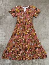 XXS Boho Midi Vibrant Earthy Tiered Dress Botanical Floral Burnt Orange