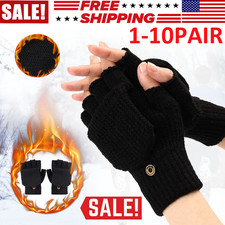 Lot Unisex Wool Fingerless Gloves Knitted Convertible Mittens Flap Winter Warm