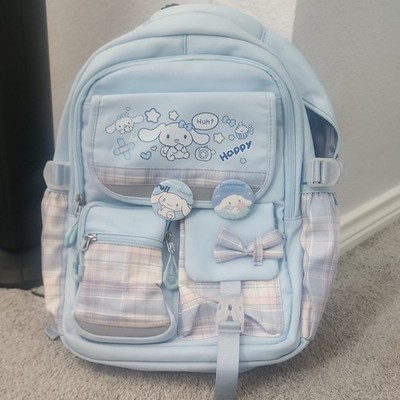 Sanrio Cinnamoroll Large Blue Plaid Kids Backpack Bow Outer Pockets Zip