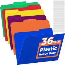 36 Pack Plastic File Folders Colored with Sticky Labels, Heavy Duty Letter Size
