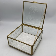 Etched Beveled Glass Brass Trinket Jewelry Box Hinged Lid 4.5 X 4.5