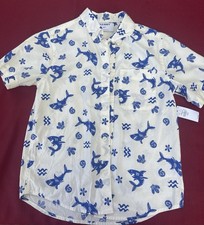 New Boys Size Medium Old Navy Button Up Short Sleeve Shirt, Beachy Shark Print