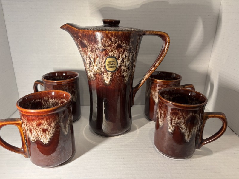 Vintage KERNEWEK Pottery Cornish Honeycomb Drip Glaze Coffee Pot with 4 Mugs