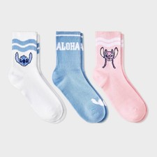 Women's Lilo  Stitch 3pk Mid Crew Socks - Blue/Pink/White 4-10