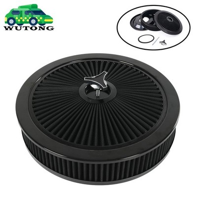 14'' X 3'' Black Round High Flow Thru Washable Air Cleaner Drop Base For SBC BBC