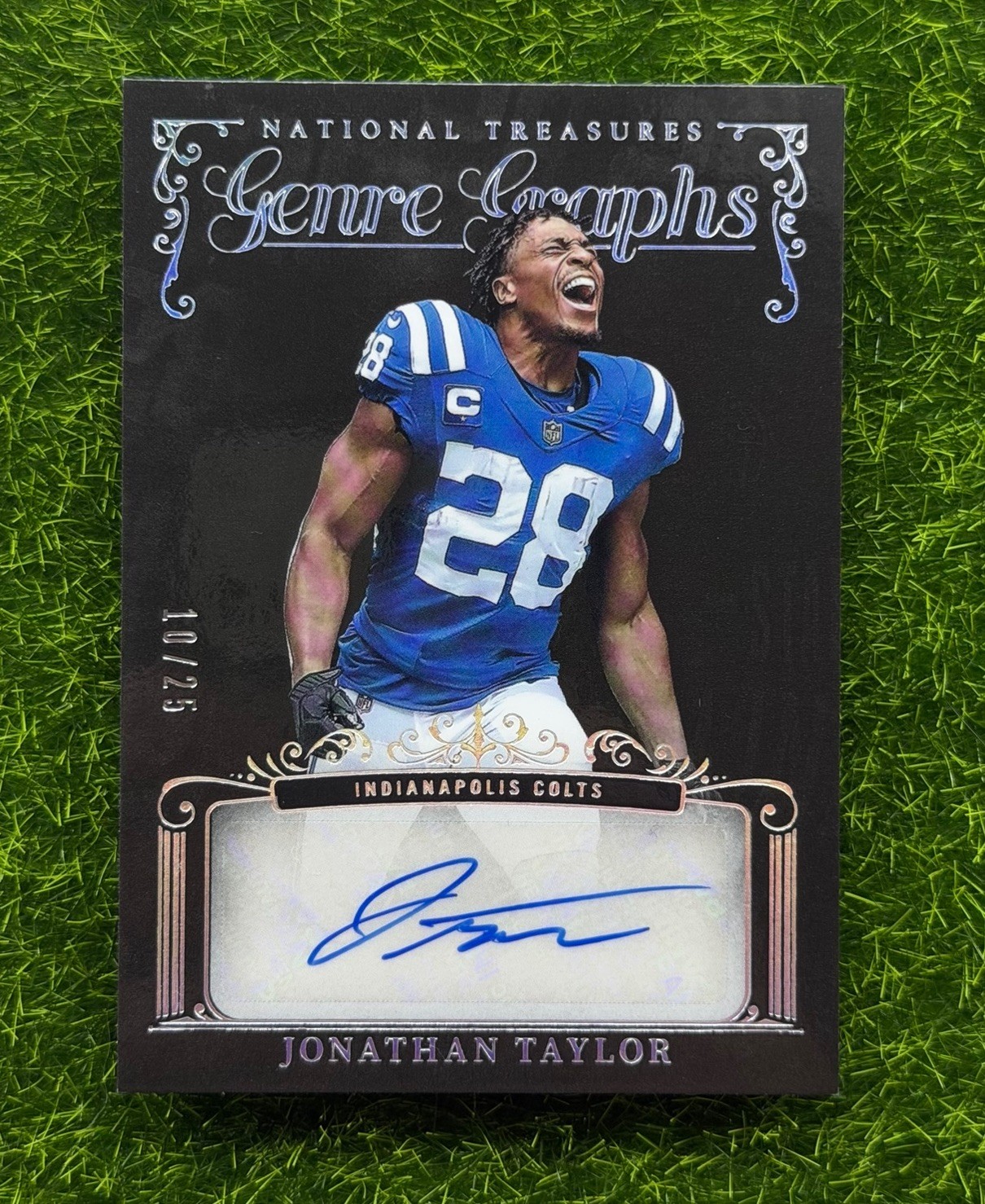 Jonathan Taylor #20 Football Cards 2025 Panini National Treasures Genre Graphs trading card — raw and PSA graded price guide