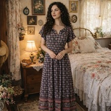 Knox Rose Dress Womens XL Floral Short Sleeve Boho Maxi Rayon Blue Ivory Black