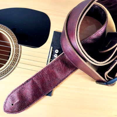Dark Metallic Red Premium Leather Guitar Strap-Dark Red Maroon Leather Strap