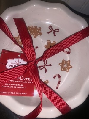 Holiday Time GINGERBREAD AND STRIPES Stoneware Mini Pie Plate Set NEW