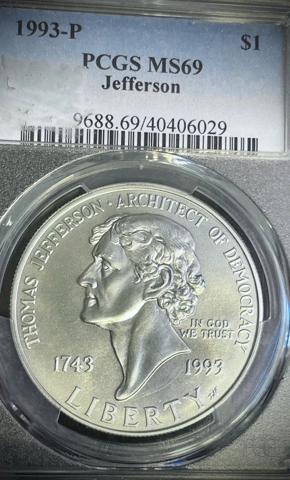 1993-P Jefferson Silver Commemorative Dollar MS69 PCGS Mint State 69 - Image 3 of 3