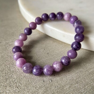 Natural Lepidolite Stone Beaded Bracelet Purple Gemstone Stretch Bracelet