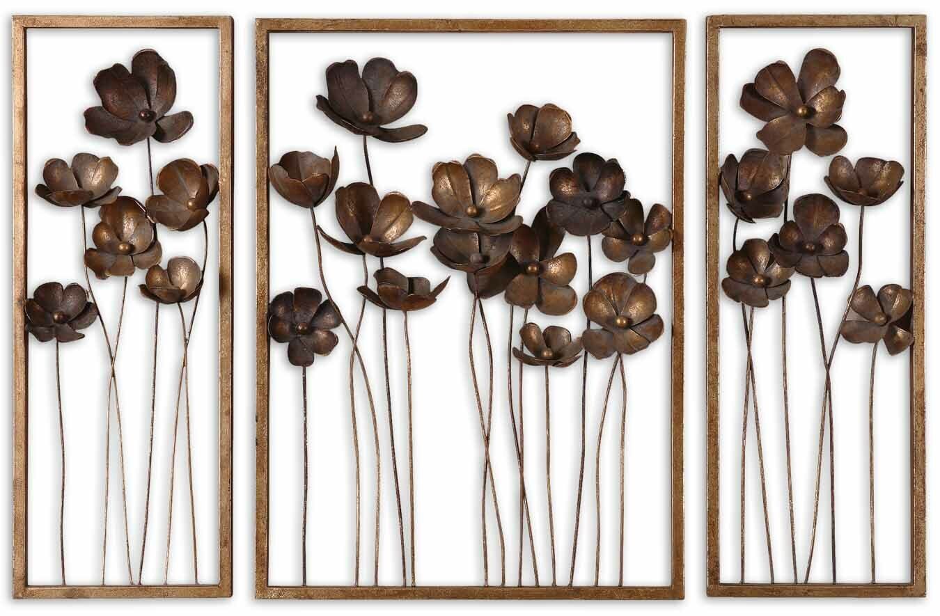 Elegant Contemporary Metal Flowers Wall Art Set 3 Gold Bronze Mid Century  Panels | eBay