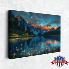 Firefly Mountain Lake Wall Art, Canvas Print for Home Decor, Art Print Poster