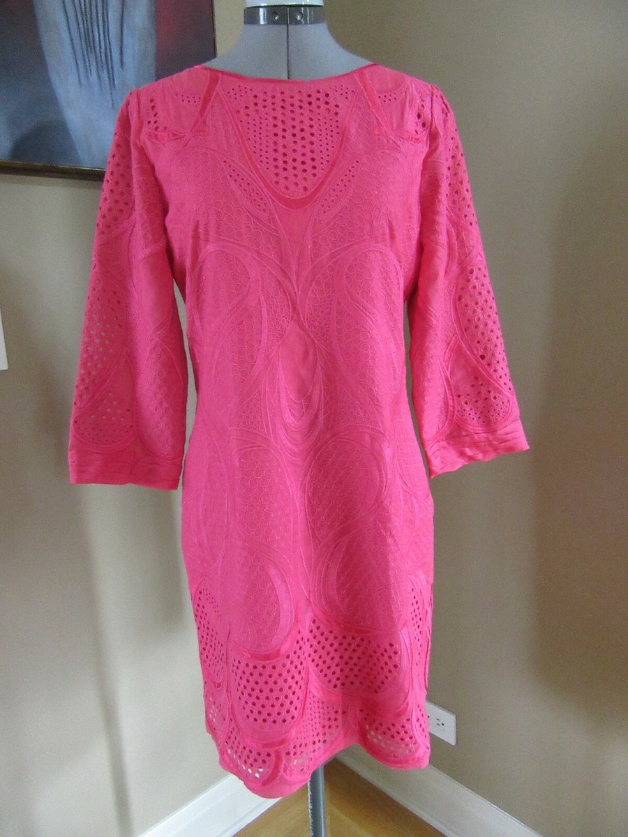 Elie Tahari Pink Embroidered 3/4 Sleeve Shift Casual Dress Size 8