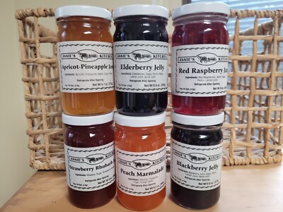 Jams and jellies 6 different small batch fruit jelly or  jam; peach, elderberry