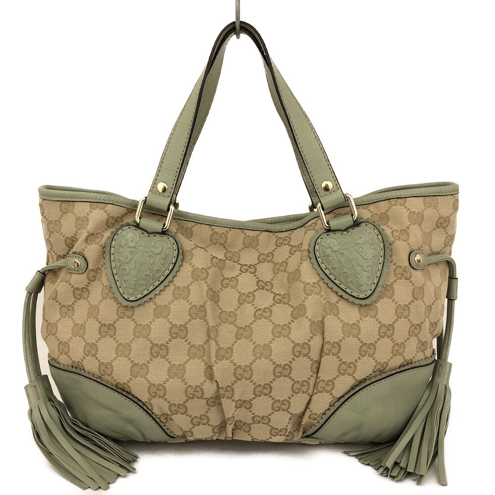 GUCCI Crest GG Logo Fringe Canvas Shoulder Tote Bag Beige/4AF0770