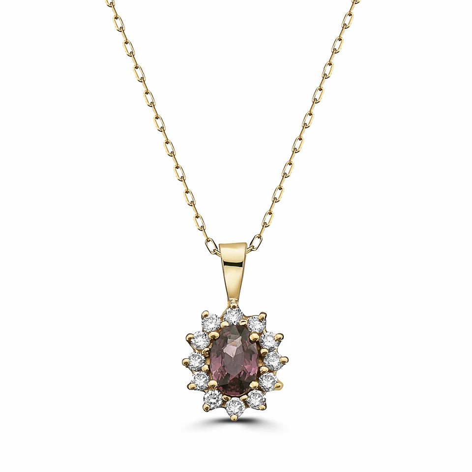 Birthstone 14K Yellow Gold Purple Spinel Nude Diamond 0.74 cts Pendant Necklace