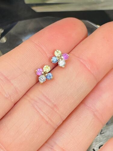 3mm Round Lab-Created Rainbow Sapphire Flower Stud Earrings 14K White Gold Over - Picture 4 of 6