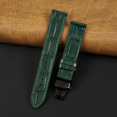 18mm Green Flat Crocodile Leather Watch Band Black Deployment Buckle Men Gifts