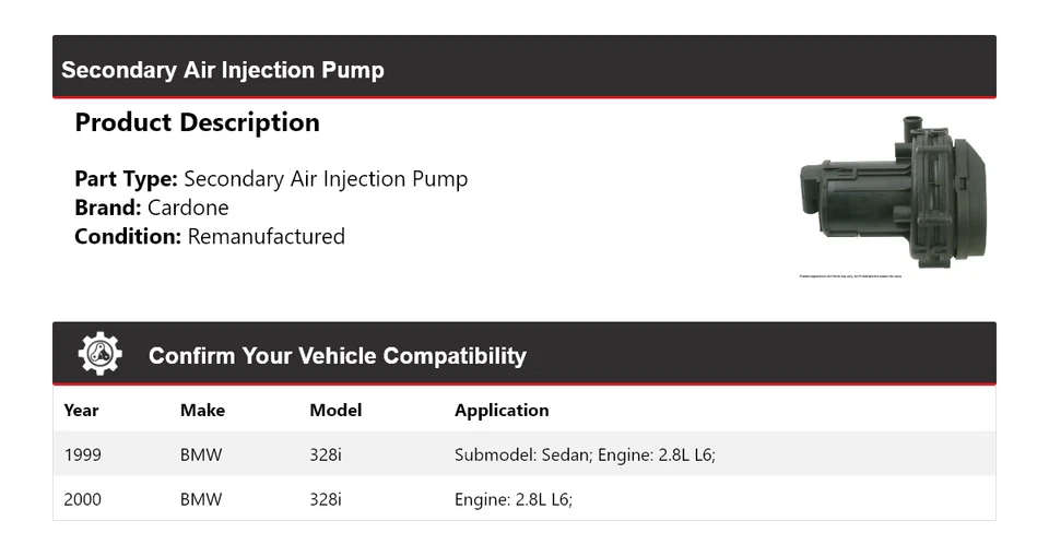 Bomba de inyección de aire secundaria de cartón para BMW 328i 1999-2000 2,8 L L6 Foto 2 de 4