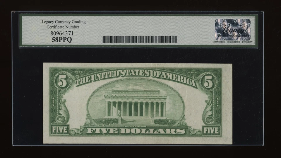 DBR 1934 $5 LGS FRN New York Fr. 1955-Blgs Legacy 58 PPQ Serial B03459474A - Image 2 of 2
