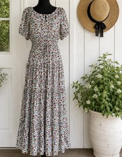 J Crew Floral Maxi Dress Sz L Cottagecore Tiered Waist Tie Feminine Resort