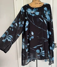 Alfani Top Long Sleeve Sheer Lined Chiffon Black Blue Floral Tunic Hi-Lo 3X