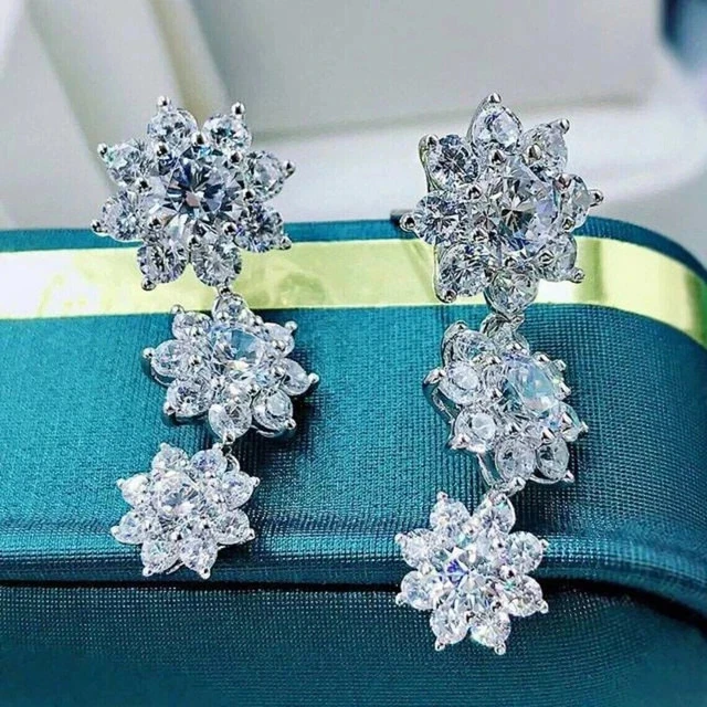 4Ct Lab Created Diamond Round Flower Drop Dangle Earrings 14K White Gold Plated - Image 4 of 4