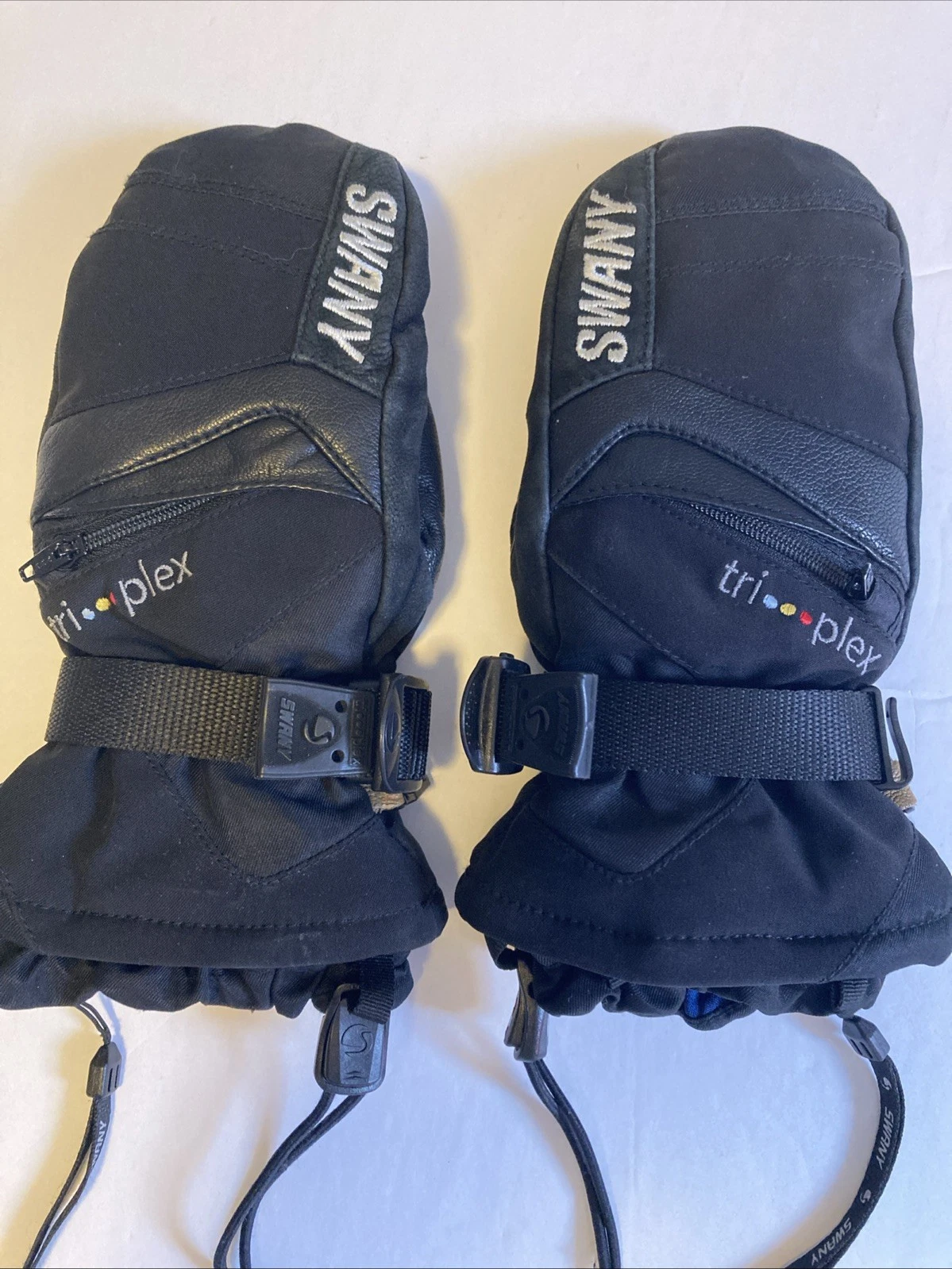 Swany Triplex Black Leather Child Ski Snow Gloves Pockets Adjustable Connector