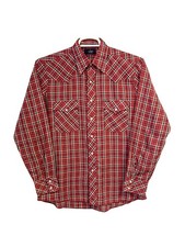 Vintage 70s Wrangler Plaid Pearl Snap Western Shirt Red Cowboy USA Mens Medium