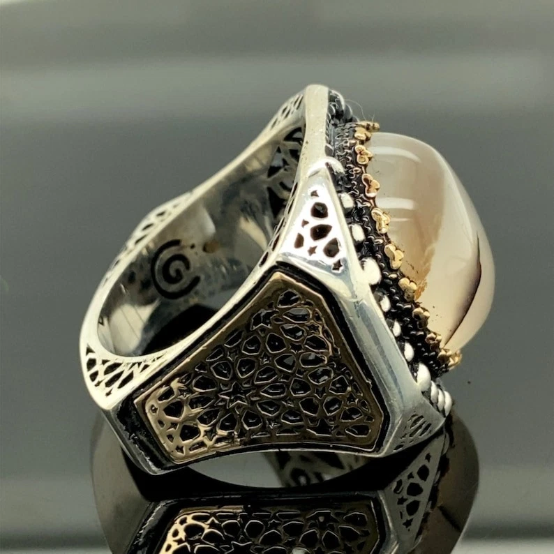 Anillo de ágata Yemen hecho a mano turco para hombre, anillo grande de piedra de ágata Foto 4 de 4