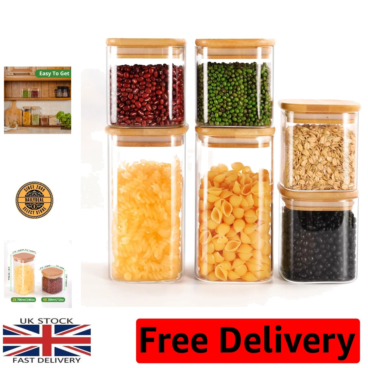 Glass Storage Jars with Bamboo Lid, Set of 6 Airtight Food Glass Jars, Clear ...