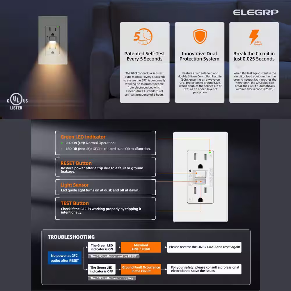 GFCI Outlet with Night Light, 15 Amp 125V Tamper Resistant Duplex Wall Outlet, W