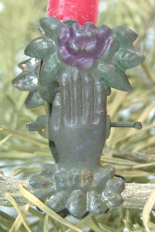 ORIGINAL 1890s FIGURAL TIN CHRISTMAS TREE CANDLE CLIP ORNAMENT - ROSE IN HAND
