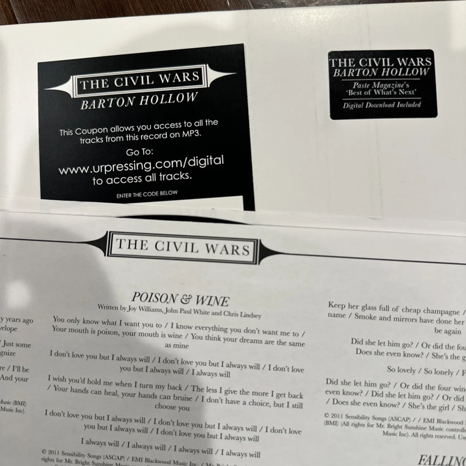 Barton Hollow The Civil Wars Vinyl Record RARE 1st Pressing Joy Williams NM - Image 3 of 4