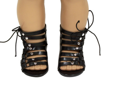 Black Greek Strappy Lace Up Stud Sandals Doll Shoes For 18'' American Girl (Debs)